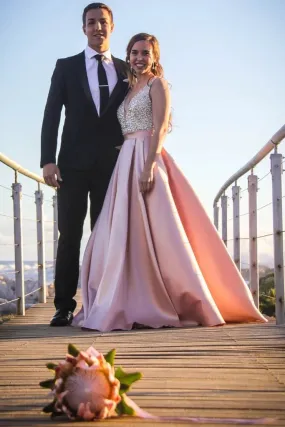 A Line Deep V Neck Beaded Bodice Blush Pink Prom Dresses, Evening Dresses SWK15487