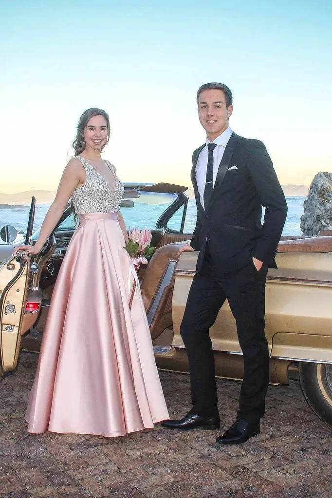 A Line Deep V Neck Beaded Bodice Blush Pink Prom Dresses, Evening Dresses SWK15487