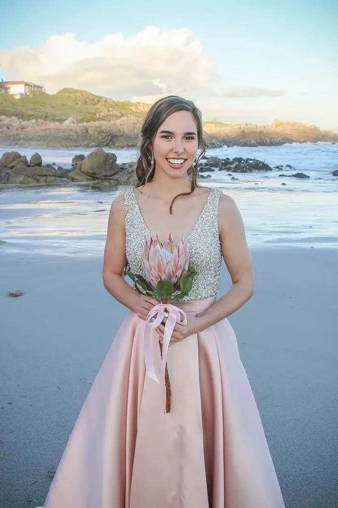 A Line Deep V Neck Beaded Bodice Blush Pink Prom Dresses, Evening Dresses SWK15487
