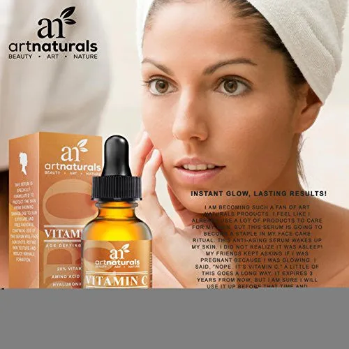 ArtNaturals Anti-Aging Vitamin-C Serum with Hyaluronic Acid & Vit E - Wrinkle Repairs Dark Circles, Fades Age Spots & Sun Damage - Enhanced 20% Top Vitamin C Super Strength - Organic Ingredients, 1 Oz