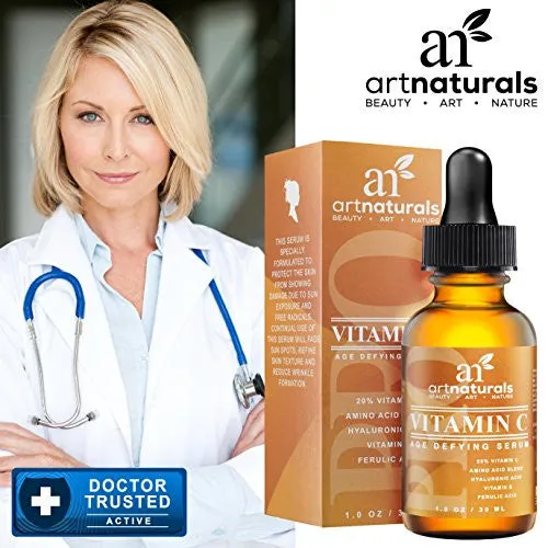 ArtNaturals Anti-Aging Vitamin-C Serum with Hyaluronic Acid & Vit E - Wrinkle Repairs Dark Circles, Fades Age Spots & Sun Damage - Enhanced 20% Top Vitamin C Super Strength - Organic Ingredients, 1 Oz