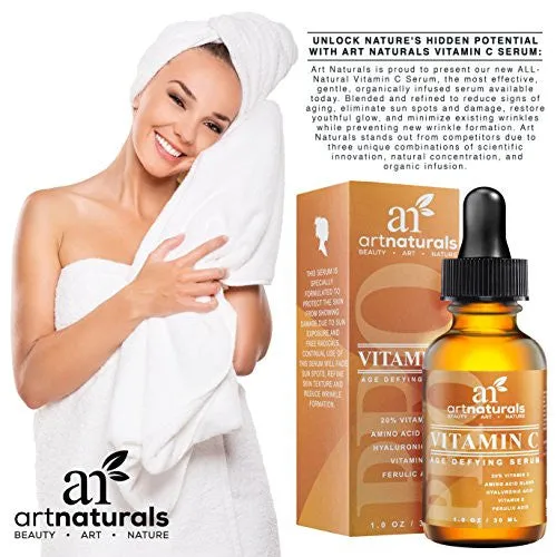 ArtNaturals Anti-Aging Vitamin-C Serum with Hyaluronic Acid & Vit E - Wrinkle Repairs Dark Circles, Fades Age Spots & Sun Damage - Enhanced 20% Top Vitamin C Super Strength - Organic Ingredients, 1 Oz