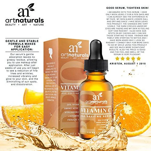 ArtNaturals Anti-Aging Vitamin-C Serum with Hyaluronic Acid & Vit E - Wrinkle Repairs Dark Circles, Fades Age Spots & Sun Damage - Enhanced 20% Top Vitamin C Super Strength - Organic Ingredients, 1 Oz