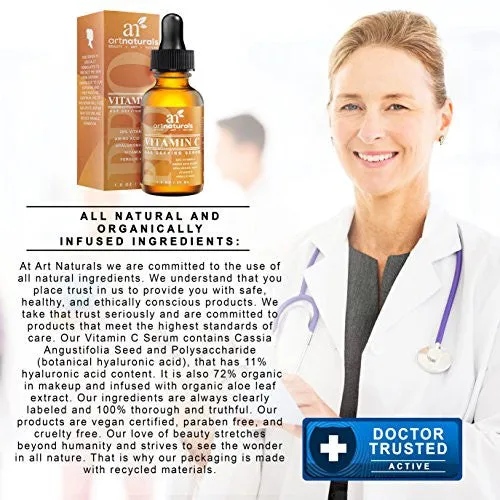 ArtNaturals Anti-Aging Vitamin-C Serum with Hyaluronic Acid & Vit E - Wrinkle Repairs Dark Circles, Fades Age Spots & Sun Damage - Enhanced 20% Top Vitamin C Super Strength - Organic Ingredients, 1 Oz