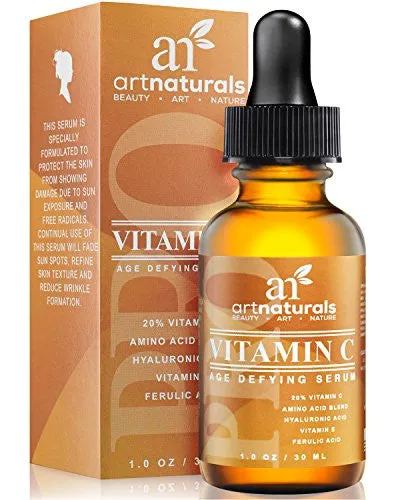 ArtNaturals Anti-Aging Vitamin-C Serum with Hyaluronic Acid & Vit E - Wrinkle Repairs Dark Circles, Fades Age Spots & Sun Damage - Enhanced 20% Top Vitamin C Super Strength - Organic Ingredients, 1 Oz