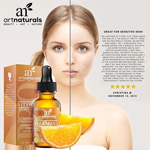 ArtNaturals Anti-Aging Vitamin-C Serum with Hyaluronic Acid & Vit E - Wrinkle Repairs Dark Circles, Fades Age Spots & Sun Damage - Enhanced 20% Top Vitamin C Super Strength - Organic Ingredients, 1 Oz