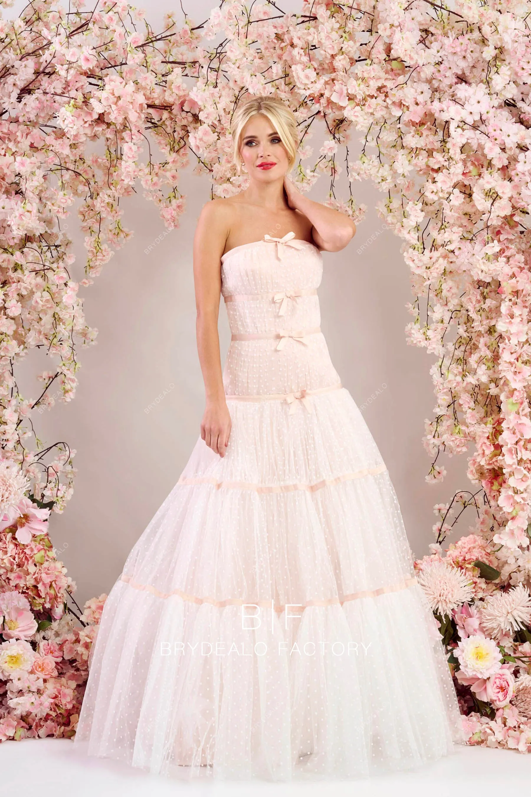 Blush Dotted Tulle Custom Strapless Floor Length Wedding Dress