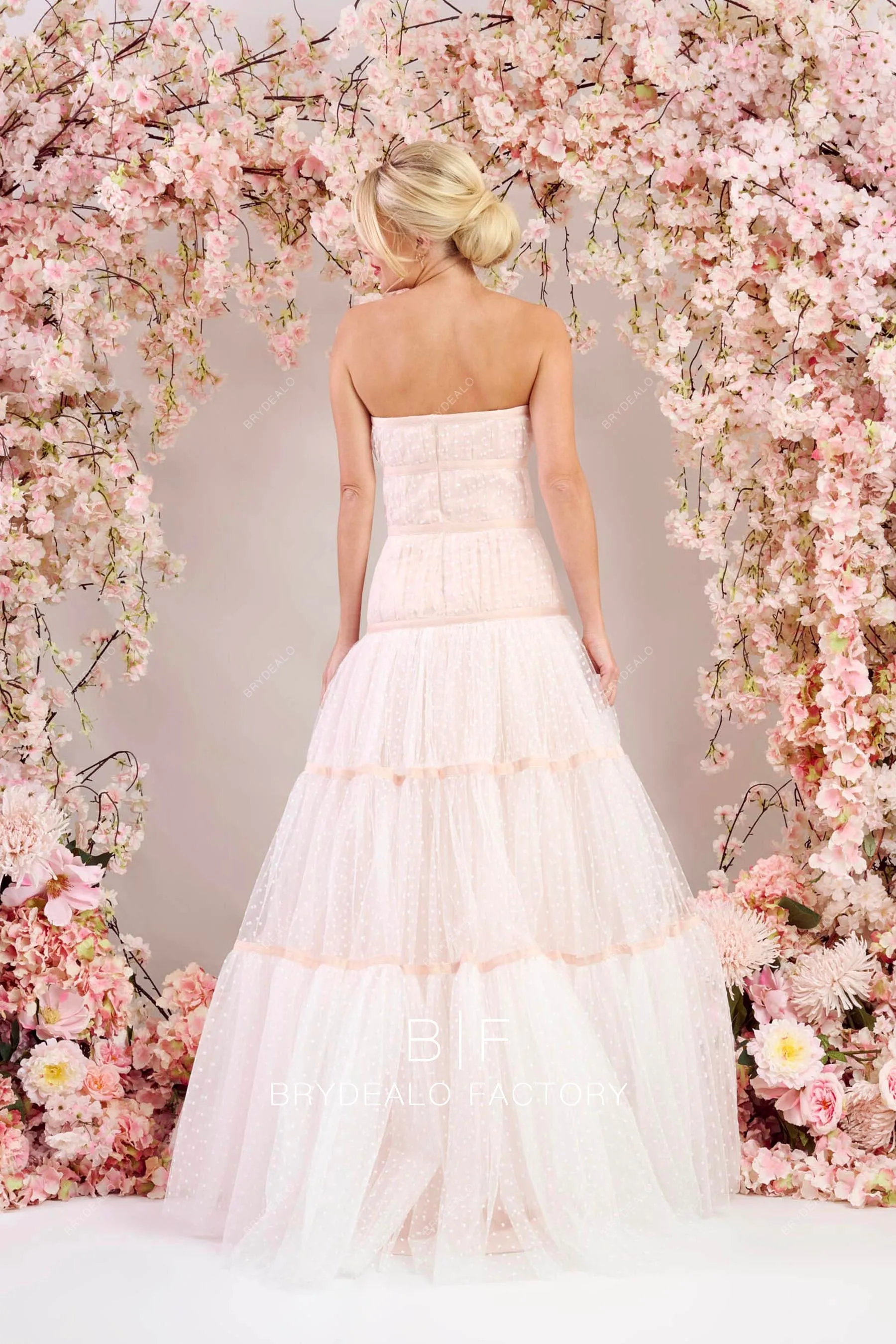 Blush Dotted Tulle Custom Strapless Floor Length Wedding Dress