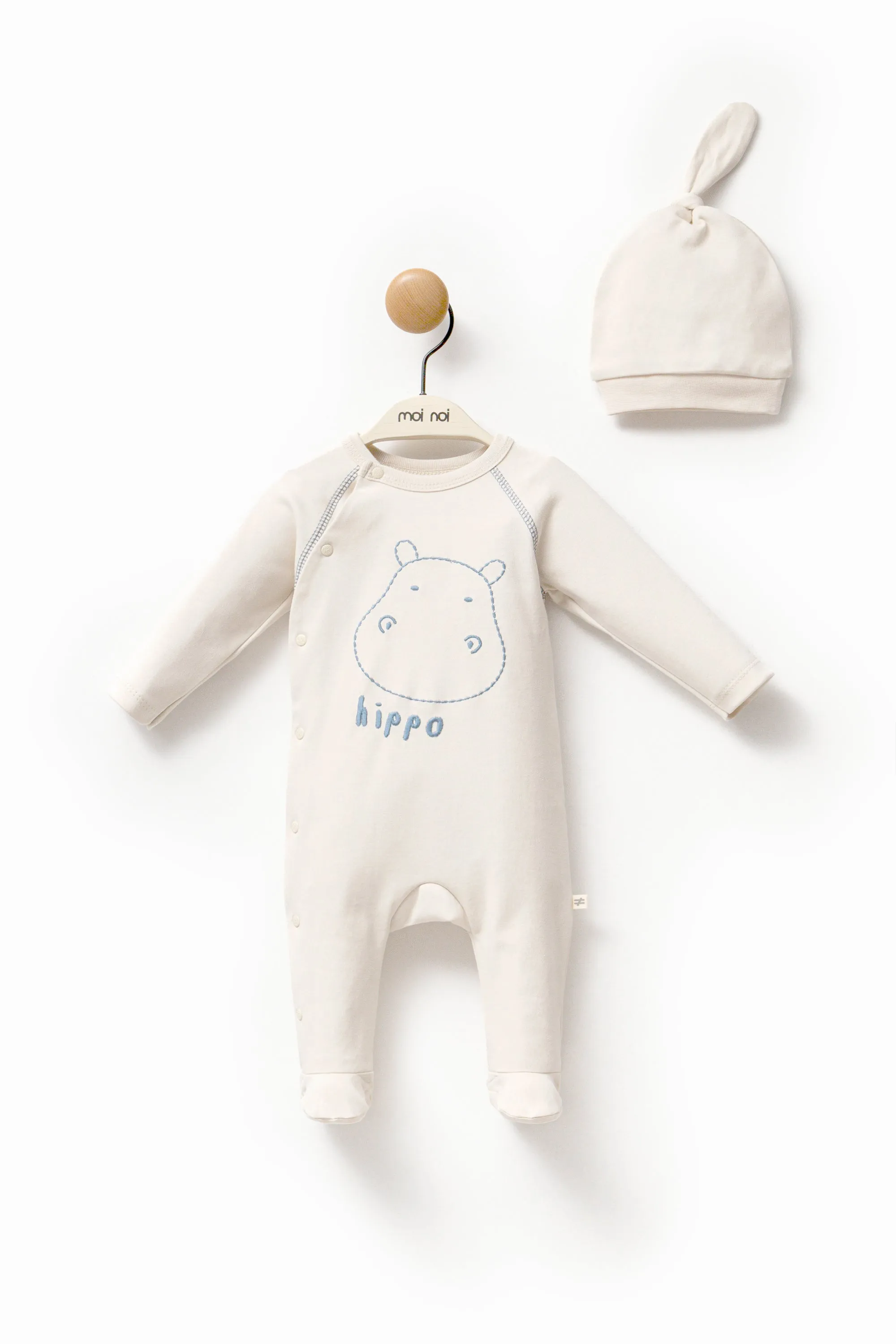 Cream Hippo Graphic Babygrow & Hat