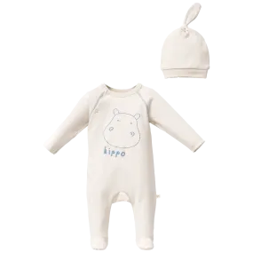 Cream Hippo Graphic Babygrow & Hat